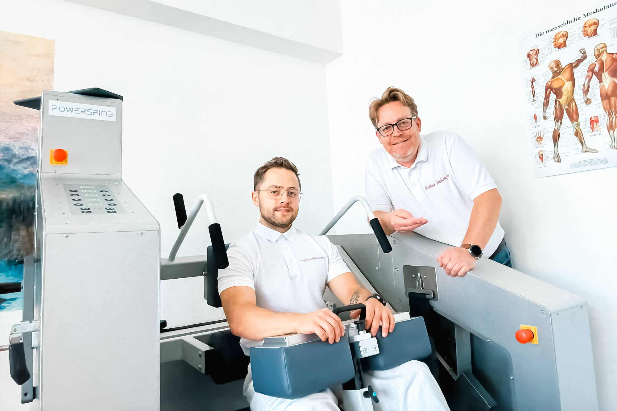 Riva Medical Lounge: Powerspine therapy. Two men with spinal decompression machine. Spine health and wellness.