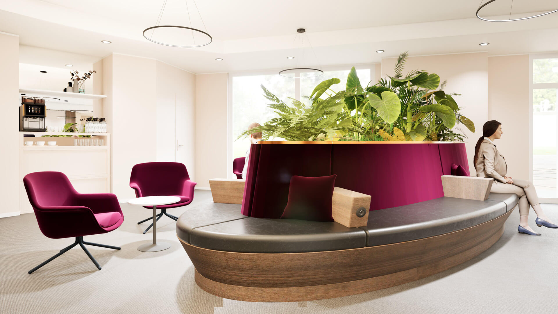 Moderner Empfangsbereich in Mülheim: Lounge-Möbel, Sitzbank mit Pflanzen, Sessel. Wartebereich Design.