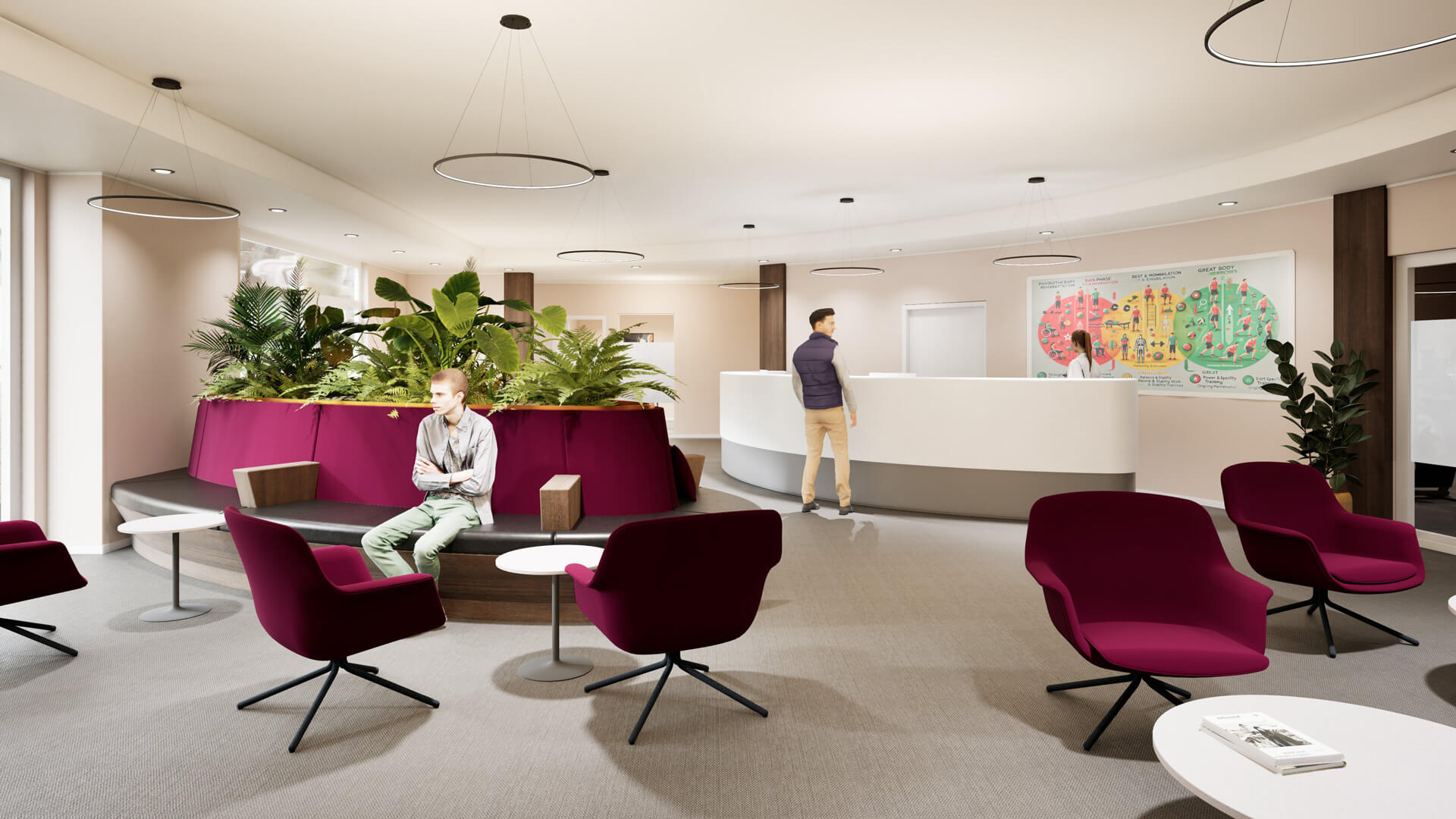 Empfangsbereich mit Rezeption, Sitzgelegenheiten und Pflanzen. Modernes Design für Wartebereich.