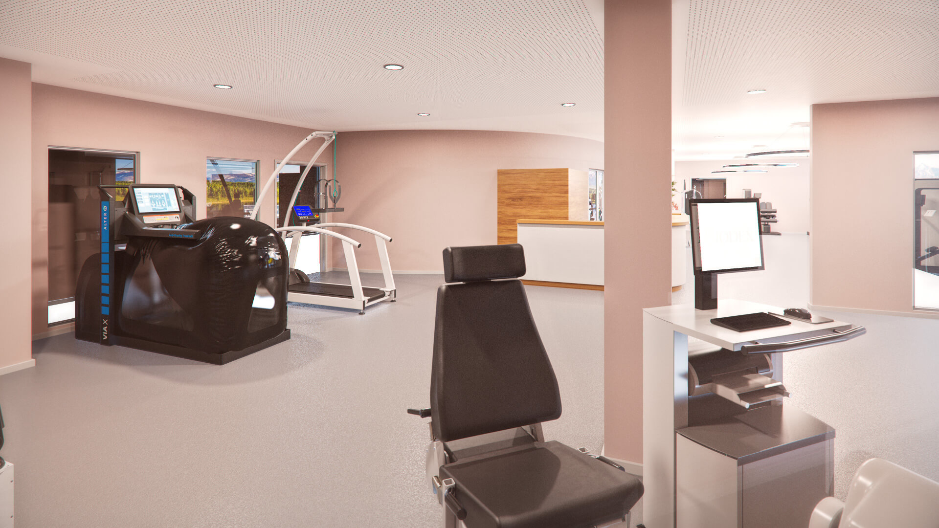 Physio Mülheim: Praxis mit Therapiegeräten, Laufband und Behandlungsstuhl für Physiotherapie.