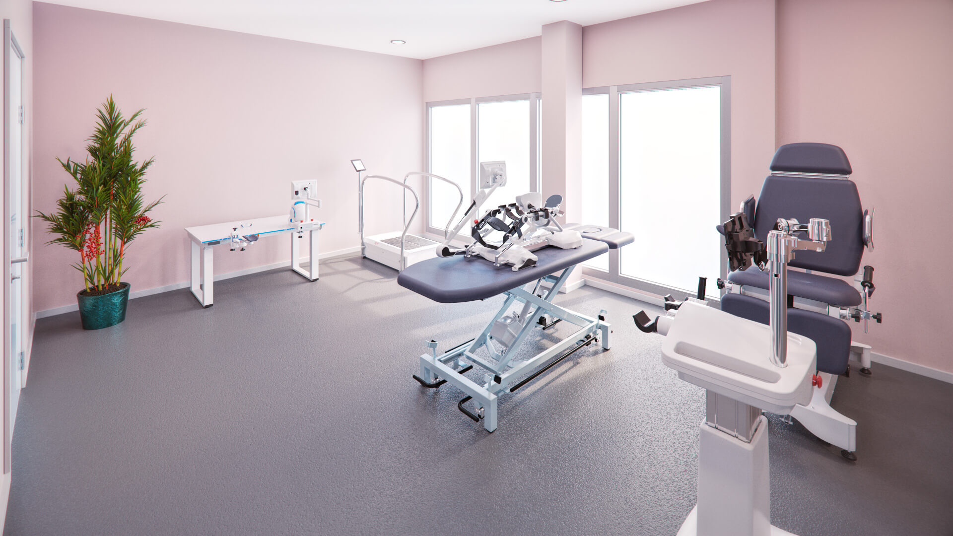 Physio Mülheim: Praxisraum mit Behandlungsliege, Trainingsgeräten und Therapiestuhl.