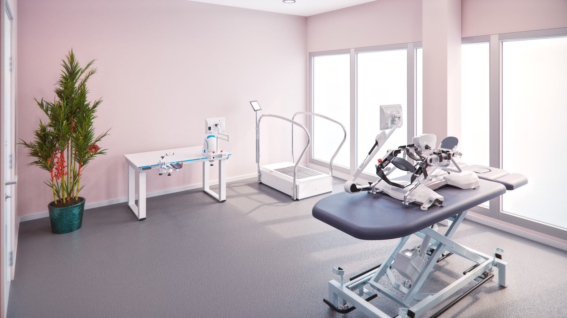 Physio Mülheim: Praxisraum mit Therapieliege, Laufband und Trainingsgeräten.