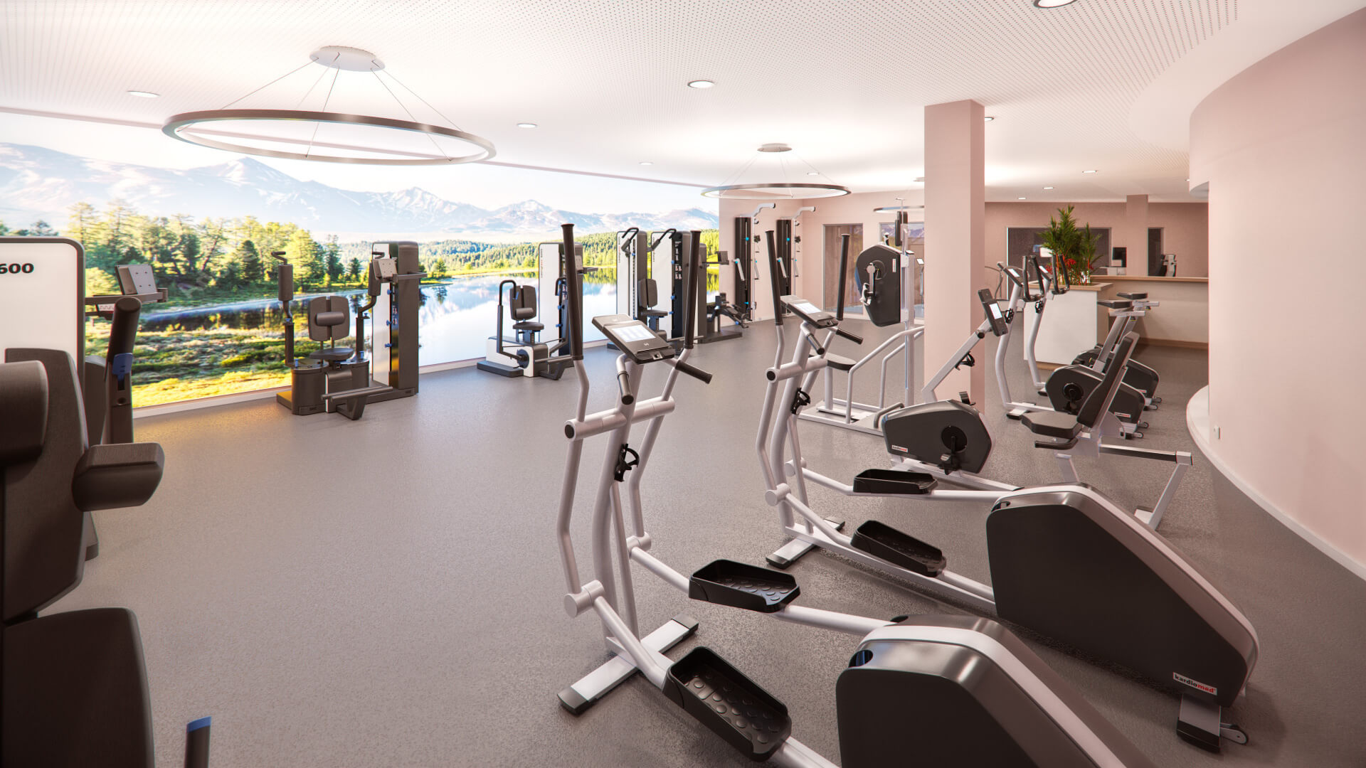 Fitnessstudio Mülheim: Moderne Geräte für Physiotherapie und Training. Blick auf Berglandschaft.