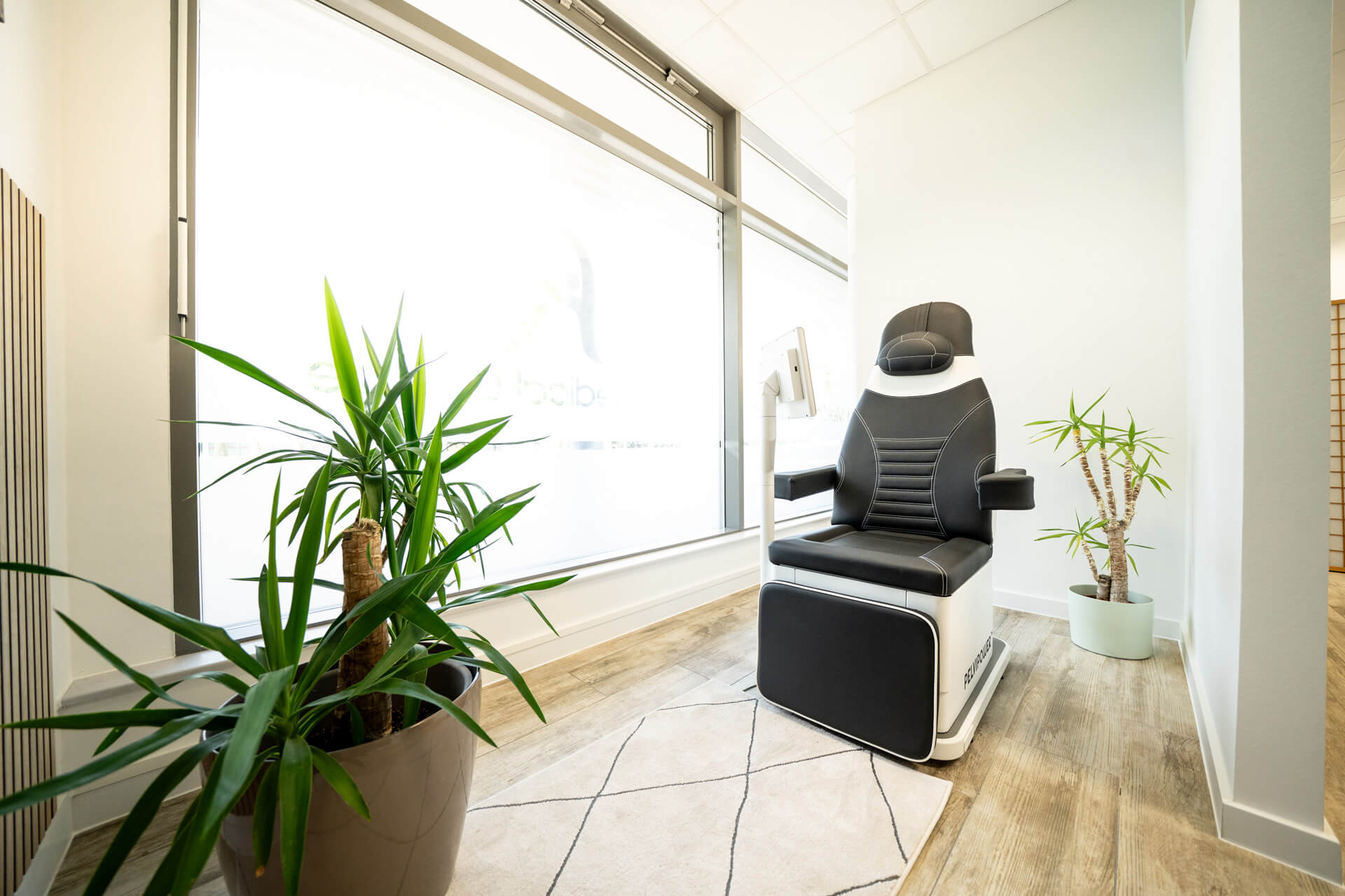 Riva Medical Lounge: Behandlungsstuhl, Pflanzen und helles Interieur.